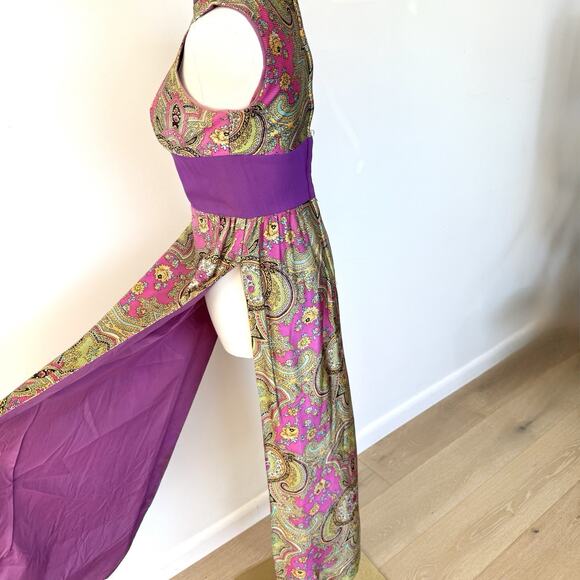Vintage 60’s Paisley High Neck Psychedelic Maxi Dress Top Party Funky Mod - Picture 7 of 10